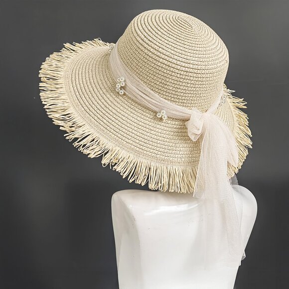 Pearl Embellished Mesh Bow Scarf on Wide Brim Straw Sun Hat Beige Camel Black - Picture 1 of 3